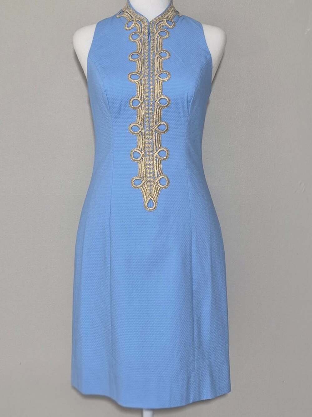 Lilly Pulitzer Blue Textured Sleeveless Dress with Gold Embroidery Size 00